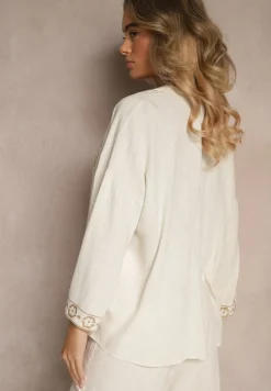 Biało-Beżowa Bluzka Typu Narzutka z Lnem Wiskozą i Haftem Caliven