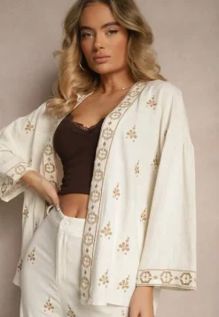 Biało-Beżowa Bluzka Typu Narzutka z Lnem Wiskozą i Haftem Caliven