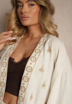 Biało-Beżowa Bluzka Typu Narzutka z Lnem Wiskozą i Haftem Caliven