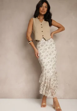 Biało-Beżowa Dopasowana Spódnica z Ozdobną Falbaną Efravaria