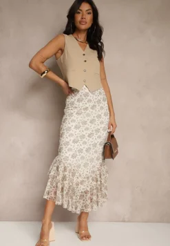Biało-Beżowa Dopasowana Spódnica z Ozdobną Falbaną Efravaria