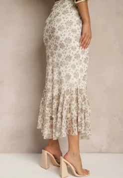 Biało-Beżowa Dopasowana Spódnica z Ozdobną Falbaną Efravaria