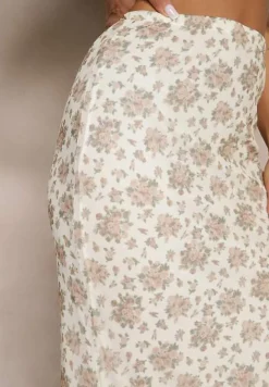 Biało-Beżowa Dopasowana Spódnica z Ozdobną Falbaną Efravaria