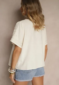 Biało-Beżowa Koszula z Bawełny w Hafty Ararisa