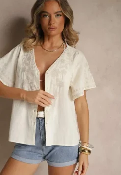 Biało-Beżowa Koszula z Bawełny w Hafty Ararisa