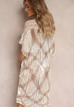 Biało-Beżowa Narzutka Sukienka Mini z Ażurowej Tkaniny z Krótkimi Rękawami Betsa