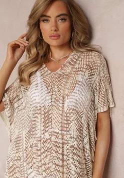 Biało-Beżowa Narzutka Sukienka Mini z Ażurowej Tkaniny z Krótkimi Rękawami Betsa
