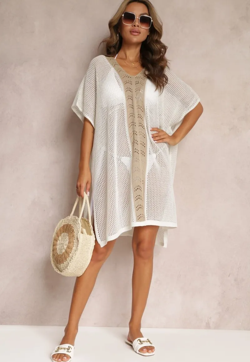 Biało-Beżowa Narzutka w Stylu Boho z Ażurowej Tkaniny Zulina