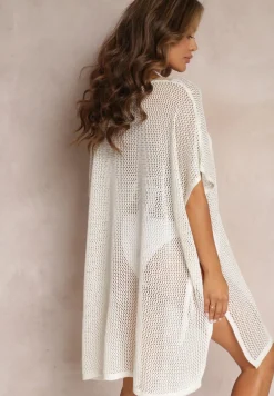 Biało-Beżowa Narzutka w Stylu Boho z Ażurowej Tkaniny Zulina