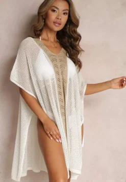 Biało-Beżowa Narzutka w Stylu Boho z Ażurowej Tkaniny Zulina