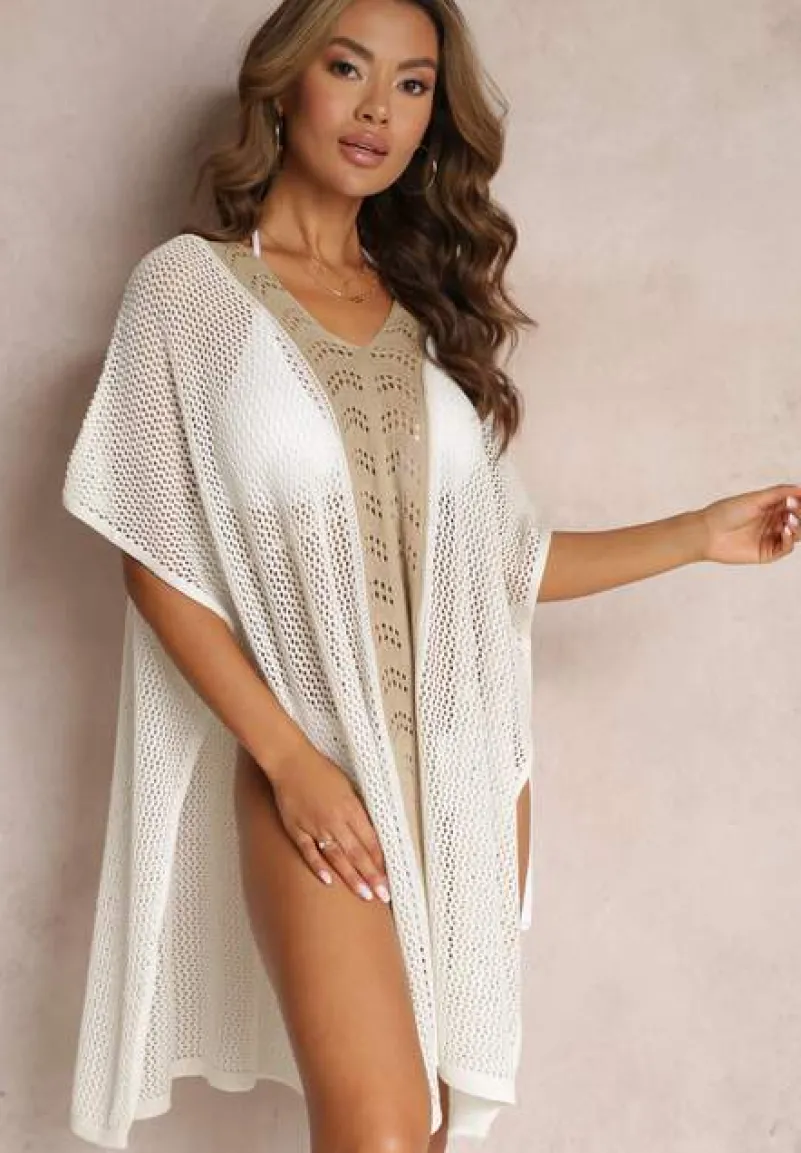 Biało-Beżowa Narzutka w Stylu Boho z Ażurowej Tkaniny Zulina