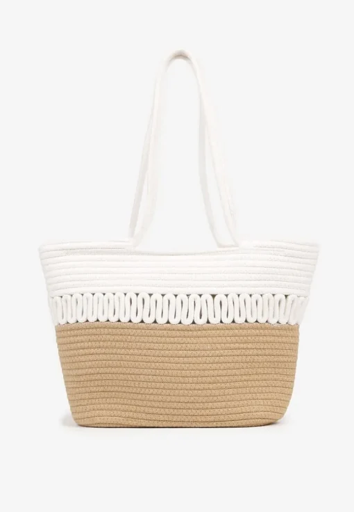 Biało-Beżowa Plażowa Torebka Shopper z Bawełny Ozdobiona Paskami Liravela