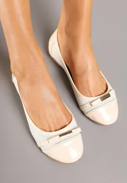 Biało-Beżowe Ażurowe Balerinki z Wkładką ze Skóry Naturalnej i Kokardą Tatilitia