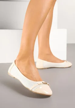 Biało-Beżowe Ażurowe Balerinki z Wkładką ze Skóry Naturalnej i Kokardą Tatilitia