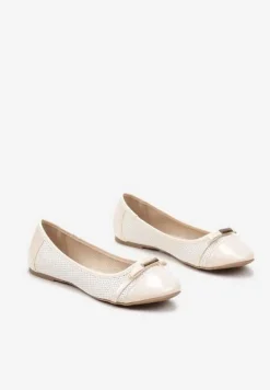 Biało-Beżowe Ażurowe Balerinki z Wkładką ze Skóry Naturalnej i Kokardą Tatilitia