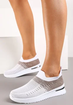 Biało-Beżowe Buty Sportowe z Nadrukiem Obmre i Skarpetkową Cholewką Erinevia
