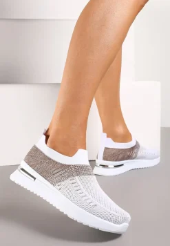 Biało-Beżowe Buty Sportowe z Nadrukiem Obmre i Skarpetkową Cholewką Erinevia