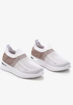 Biało-Beżowe Buty Sportowe z Nadrukiem Obmre i Skarpetkową Cholewką Erinevia