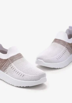 Biało-Beżowe Buty Sportowe z Nadrukiem Obmre i Skarpetkową Cholewką Erinevia