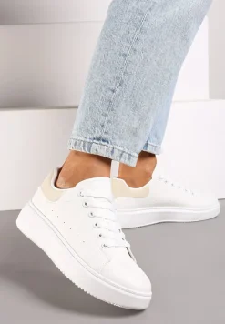 Biało-Beżowe Casualowe Sneakersy na Platformie ze Sznurowaniem Tialorae