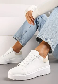 Biało-Beżowe Casualowe Sneakersy na Platformie ze Sznurowaniem Tialorae