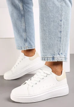 Biało-Beżowe Casualowe Sneakersy na Platformie ze Sznurowaniem Tialorae