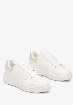 Biało-Beżowe Casualowe Sneakersy na Platformie ze Sznurowaniem Tialorae