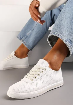 Biało-Beżowe Płaskie Sznurowane Tenisówki przed Kostkę Ozdobione Perforacją Serettia