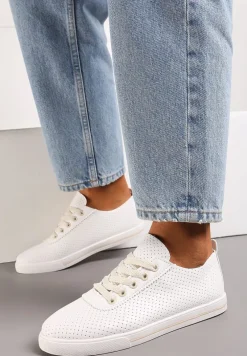 Biało-Beżowe Płaskie Sznurowane Tenisówki przed Kostkę Ozdobione Perforacją Serettia