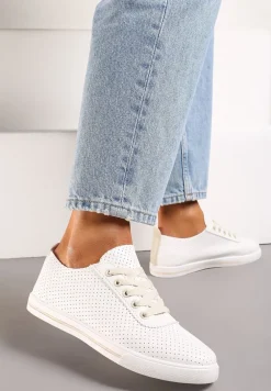 Biało-Beżowe Płaskie Sznurowane Tenisówki przed Kostkę Ozdobione Perforacją Serettia