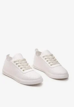 Biało-Beżowe Płaskie Sznurowane Tenisówki przed Kostkę Ozdobione Perforacją Serettia