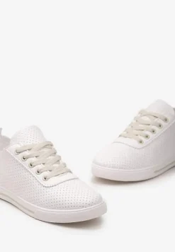 Biało-Beżowe Płaskie Sznurowane Tenisówki przed Kostkę Ozdobione Perforacją Serettia