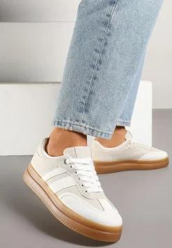 Biało-Beżowe Sneakersy Tenisówki Ozdobione Paskami Falaviela