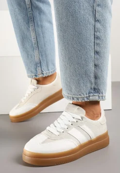 Biało-Beżowe Sneakersy Tenisówki Ozdobione Paskami Falaviela