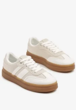 Biało-Beżowe Sneakersy Tenisówki Ozdobione Paskami Falaviela