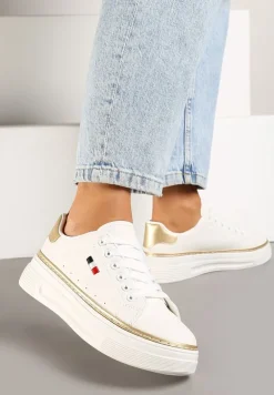 Biało-Beżowe Sznurowane Sneakersy na Płaskiej Podeszwie z Lamówką Fedat