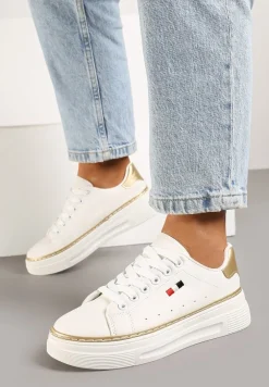 Biało-Beżowe Sznurowane Sneakersy na Płaskiej Podeszwie z Lamówką Fedat