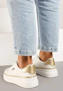 Biało-Beżowe Sznurowane Sneakersy na Płaskiej Podeszwie z Lamówką Fedat