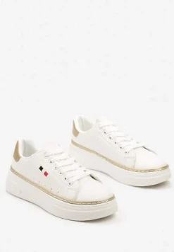 Biało-Beżowe Sznurowane Sneakersy na Płaskiej Podeszwie z Lamówką Fedat