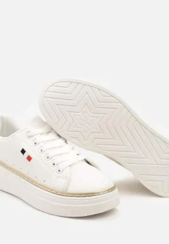 Biało-Beżowe Sznurowane Sneakersy na Płaskiej Podeszwie z Lamówką Fedat