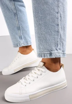 Biało-Beżowe Sznurowane Tenisówki na Ozdobnej Podeszwie z Taśmą z Napisami Majara