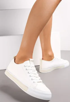 Biało-Beżowe Sznurowane Tenisówki na Ozdobnej Podeszwie z Taśmą z Napisami Majara