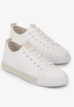 Biało-Beżowe Sznurowane Tenisówki na Ozdobnej Podeszwie z Taśmą z Napisami Majara