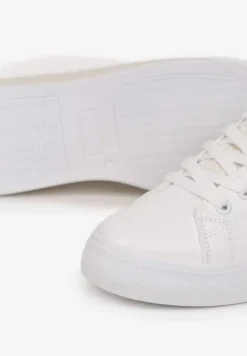 Biało-Beżowe Sznurowane Tenisówki na Ozdobnej Podeszwie z Taśmą z Napisami Majara