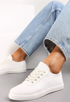 Biało-Beżowe Tenisówki Ozdobione Dziurkami na Cholewce i Ozdobną Taśmą Mirnala