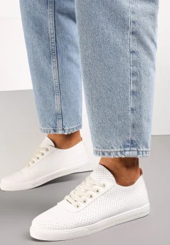 Biało-Beżowe Tenisówki Ozdobione Dziurkami na Cholewce i Ozdobną Taśmą Mirnala