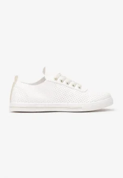 Biało-Beżowe Tenisówki Ozdobione Dziurkami na Cholewce i Ozdobną Taśmą Mirnala