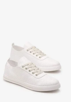 Biało-Beżowe Tenisówki Ozdobione Dziurkami na Cholewce i Ozdobną Taśmą Mirnala