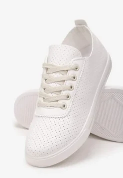 Biało-Beżowe Tenisówki Ozdobione Dziurkami na Cholewce i Ozdobną Taśmą Mirnala