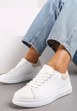 Biało-Beżowe Wiązane Sneakersy na Płaskiej Podeszwie z Modną Wstawką Zanelih